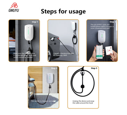 GWUYU Wallbox EV chargeur Type2 32A 7KW 16A 11KW 32A 22KW Station de recharge de véhicule électrique triphasé 5m câble prise en charge du contrôle par application