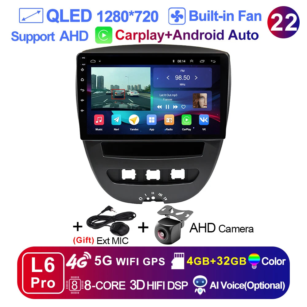 LEHX-Autoradio L6 Pro, Android 14, 2 Din, Stéréo, CarPlay, Limitation de Courant, GPS, pour Voiture KIT 107, Toyota Aygo, Cristaux en C1 (2005-2014)