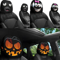 Housse d'appui-tête de voiture d'halloween, 2 pièces, imprimé tête de mort noire et conception d'expression drôle, protection de siège automobile extensible pour décoration effrayante