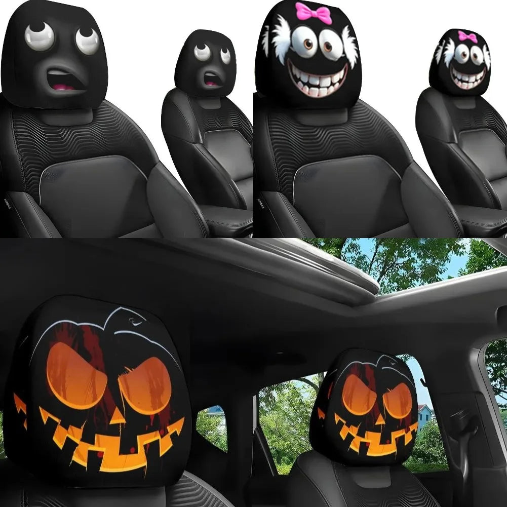 Housse d'appui-tête de voiture d'halloween, 2 pièces, imprimé tête de mort noire et conception d'expression drôle, protection de siège automobile extensible pour décoration effrayante