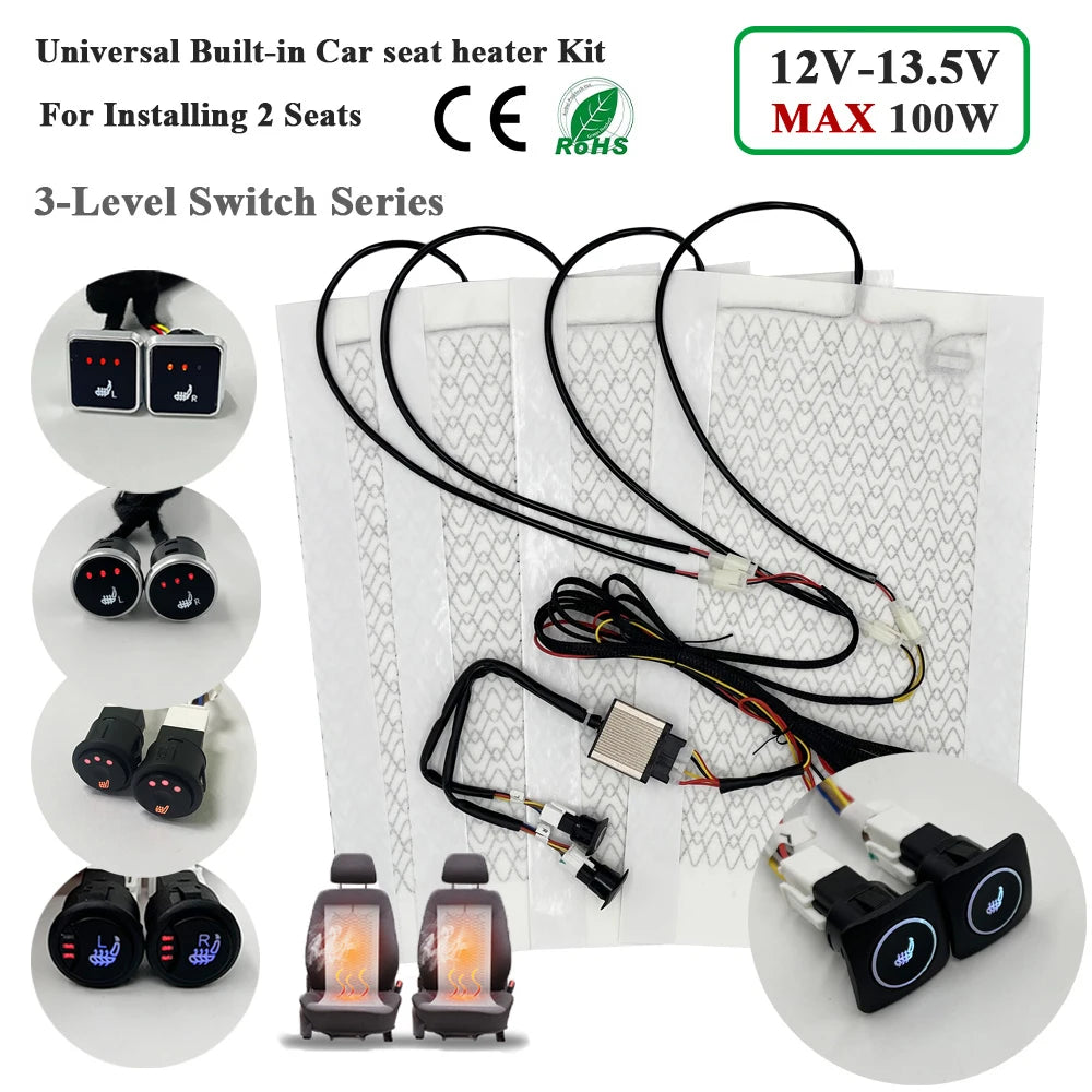 Kit de chauffage de siège de voiture intégré universel Max 100W, adapté aux 2 sièges avec coussinets chauffants en Fiber de carbone 12V, système de commutation de commande à 3 niveaux