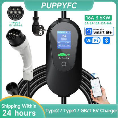 Puppyfc – chargeur EV Portable 3,6 kw, Type2/Type1 SAE J1772 GB/T 16A, boîte murale de charge rapide, câble de 3.5m avec contrôle par application WiFi
