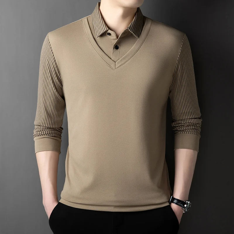Polo à manches longues pour hommes, décontracté et à la mode, couleur unie, faux deux pièces, Business, toutes saisons, haut polyvalent, nouvelle collection 2025