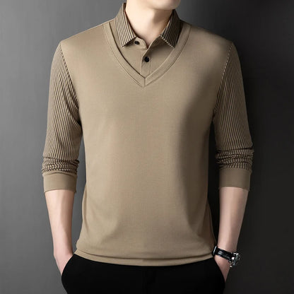 Polo à manches longues pour hommes, décontracté et à la mode, couleur unie, faux deux pièces, Business, toutes saisons, haut polyvalent, nouvelle collection 2025