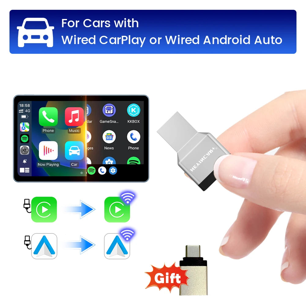 2026 nouveau HEYINCAR 2in1 sans fil Carplay Android Auto adaptateur Plug And Play 5.8GHZ WIFI connexion rapide pour 99% voitures Carplay filaires