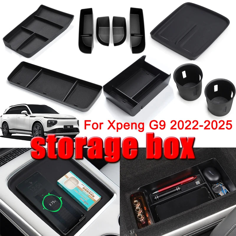 مسند ذراع لسيارة Xpeng G9 2022 – 2023، صندوق تخزين للتحكم المركزي، حامل أكواب لشاشة الكونسول، صندوق تخزين للأبواب، إكسسوارات داخلية للسيارة