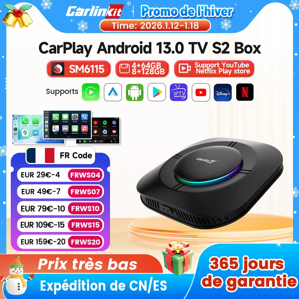 2026 Carlinkit Ai Box LED Android adaptateur Carplay sans fil Android 13 Qualcomm 6115 8 cœurs 64G Smart Tv Box pour Netflix IPTV