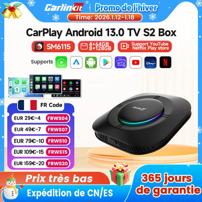 2026 Carlinkit Ai Box LED Android adaptateur Carplay sans fil Android 13 Qualcomm 6115 8 cœurs 64G Smart Tv Box pour Netflix IPTV