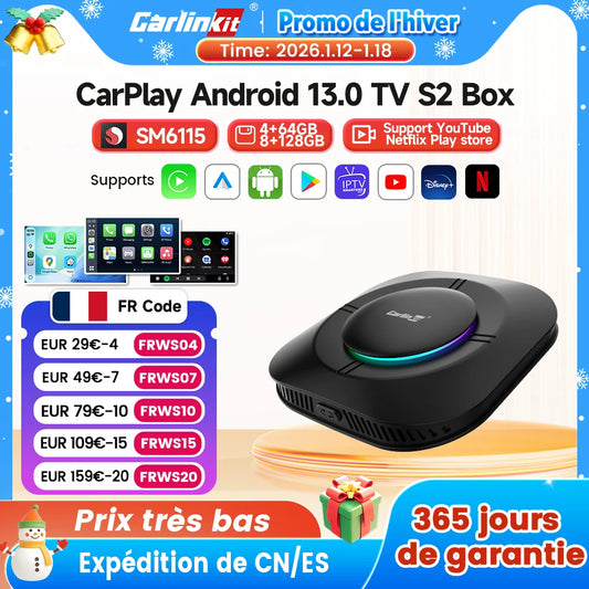 2026 Carlinkit Ai Box LED Android adaptateur Carplay sans fil Android 13 Qualcomm 6115 8 cœurs 64G Smart Tv Box pour Netflix IPTV