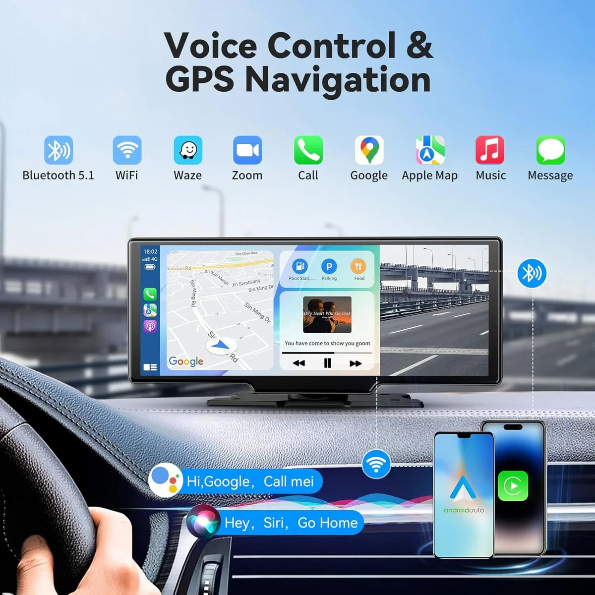 Écran Carplay 10.26 pouces pour voiture, CarPlay sans fil et Android Auto, lecteur vidéo multimédia universel pour autoradio, lecteur de voiture BT AUX FM