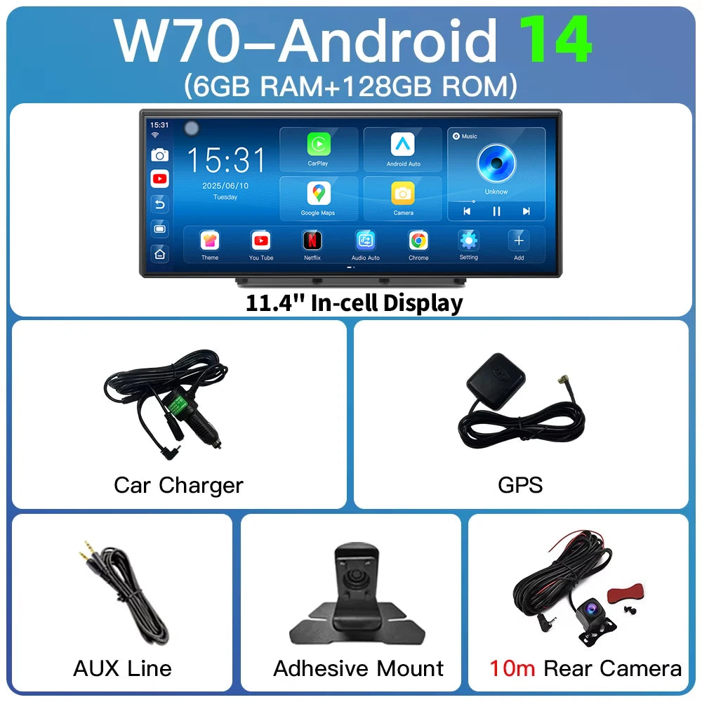 Imagebon W70 11.4 "8 Core Android 14 6 + 128G CarPlay et Android Auto Dash Cam GPS WiFi Google Play Youtube Netflix OTA mise à niveau DVR