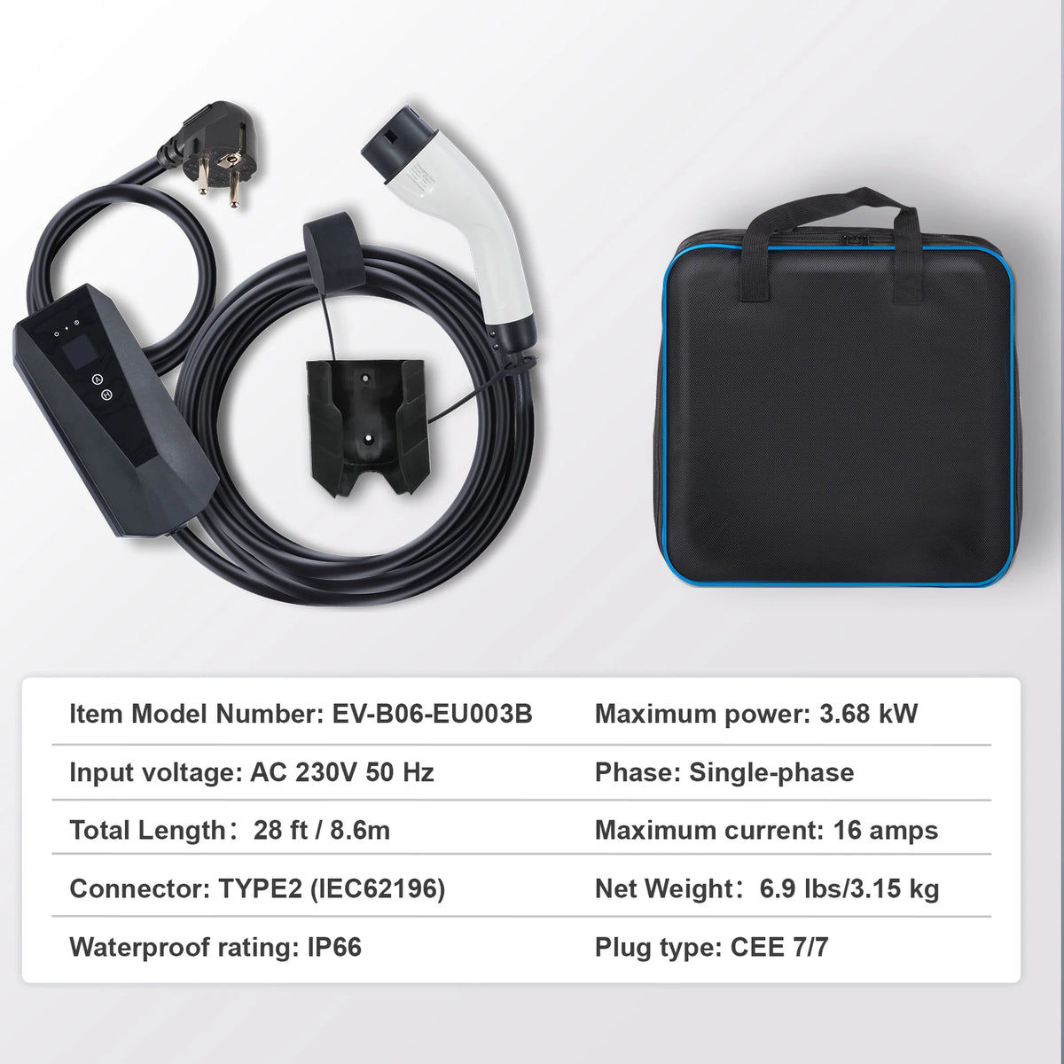 SucceBuy Chargeur EV portable Type 2 16A 3,68 kW + câble de chargement de 25 pieds, écran LCD à prise CEE 7/7 pour le chargement de voiture de véhicule électrique