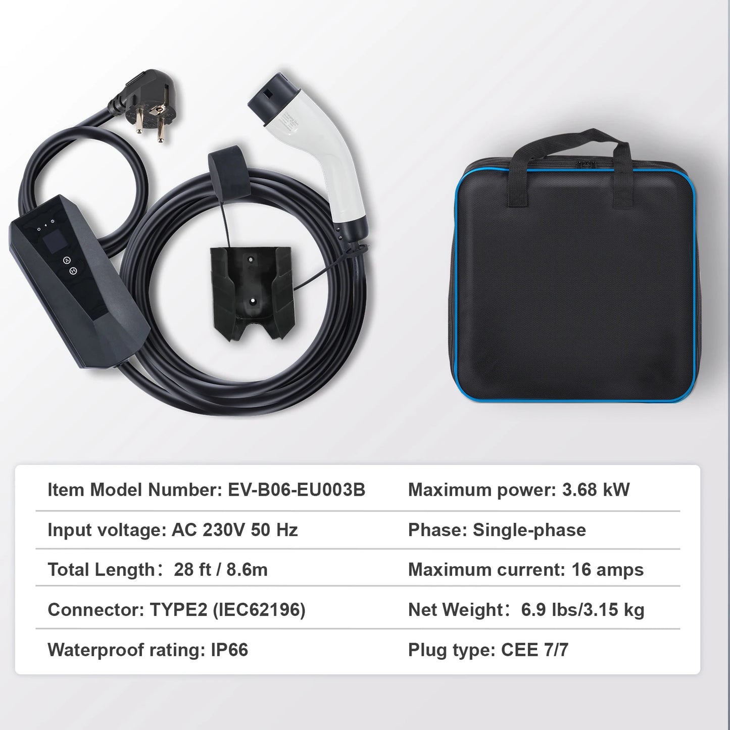 SucceBuy Chargeur EV portable Type 2 16A 3,68 kW + câble de chargement de 25 pieds, écran LCD à prise CEE 7/7 pour le chargement de voiture de véhicule électrique