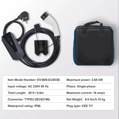 SucceBuy Chargeur EV portable Type 2 16A 3,68 kW + câble de chargement de 25 pieds, écran LCD à prise CEE 7/7 pour le chargement de voiture de véhicule électrique