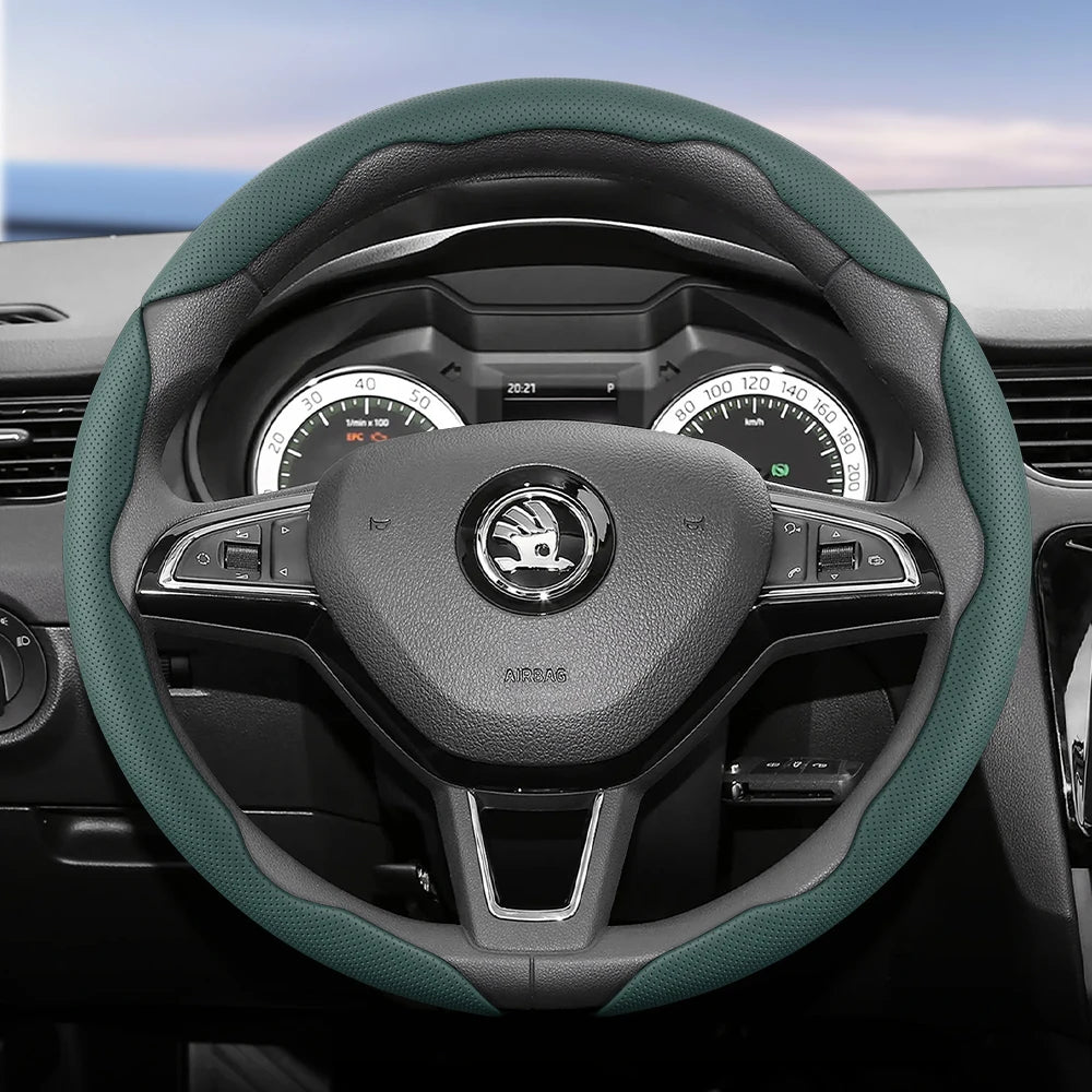 مناسب لـ Skoda غطاء عجلة قيادة من الجلد المسامي بتصميم مقطع سريع التحرير، مضاد للانزلاق ومتين، لسيارات Octavia Rapid Kodiaq Karoq Fabia Superb Kamiq Citigo Scala Combi Kylaq Kushag Slavia Black