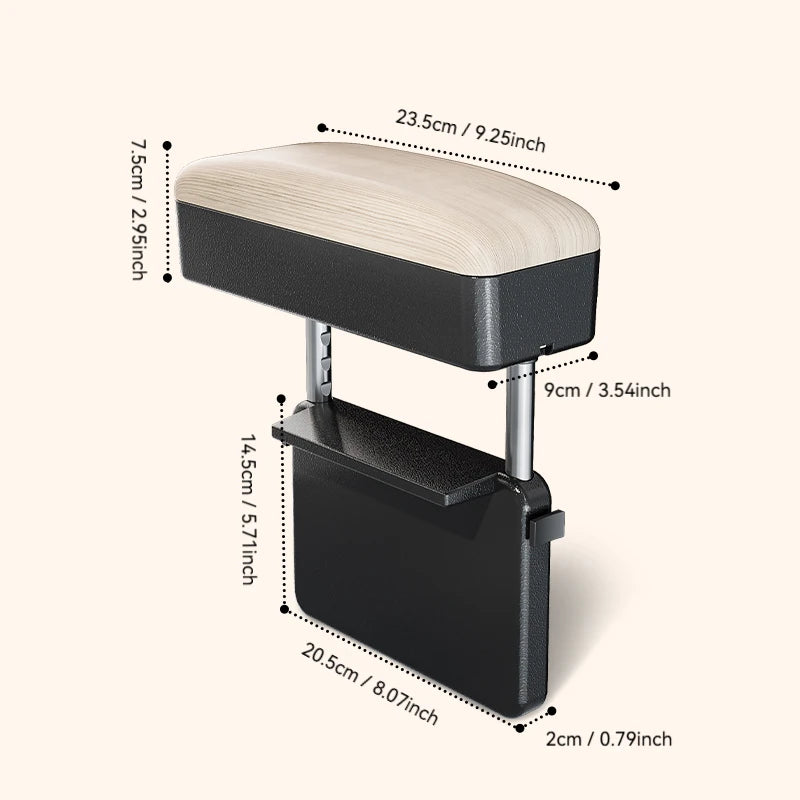 Accoudoir de siège auto - Boîte de rangement réglable pour voiture, en cuir PU motif bois, avec plaque de fixation ABS et piliers de support métalliques