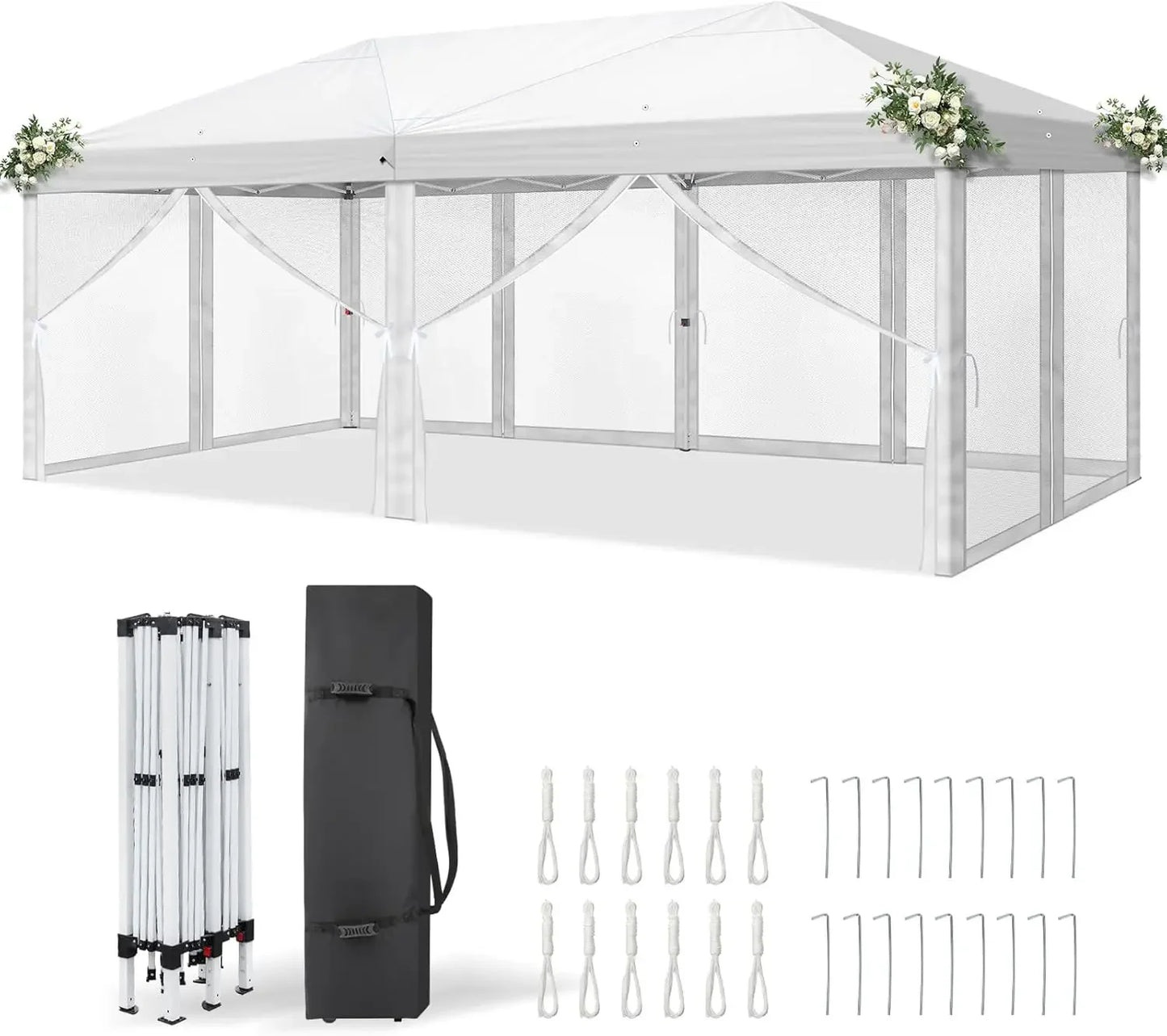 Tonnelle escamotable 10x20 avec parois latérales, sac de transport, tente facile à monter avec moustiquaires, gazebo zippé pour le camping, tonnelle zippée