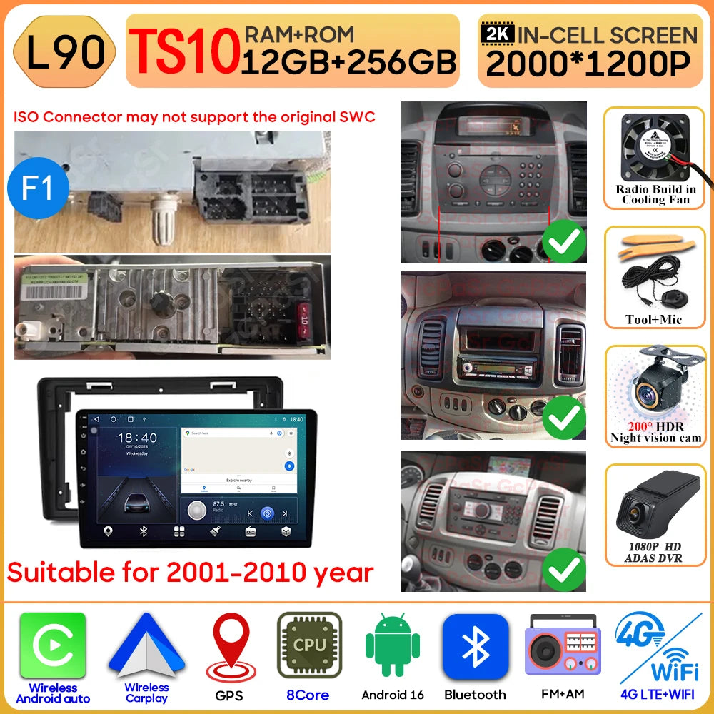 Autoradio Android 16 pour Renault Trafic 2 pour Opel Vivaro A pour Nissan primastar 2001 - 2014 GPS Navigation Carplay Android Auto
