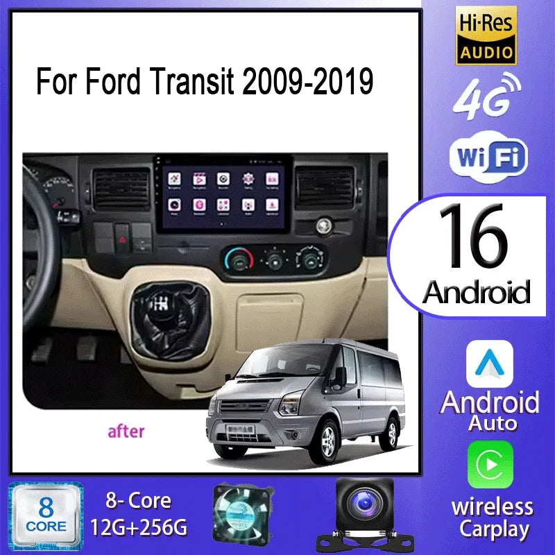 Autoradio multimédia vidéo avec navigation GPS Android16 CarPlay sans fil pour Ford New Transit 2009-2019 Focus 2005-2010