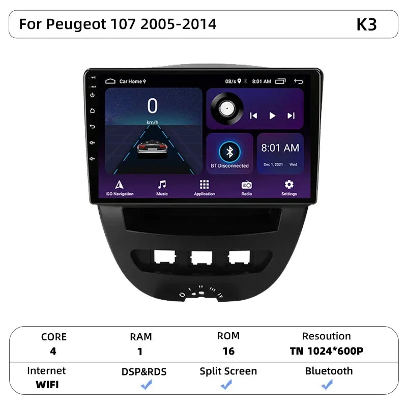 Srnubi autoradio pour Peugeot 107 Toyota Aygo citroën C1 2005-2014 sans fil Carplay Android Auto lecteur multimédia de voiture 2 Din