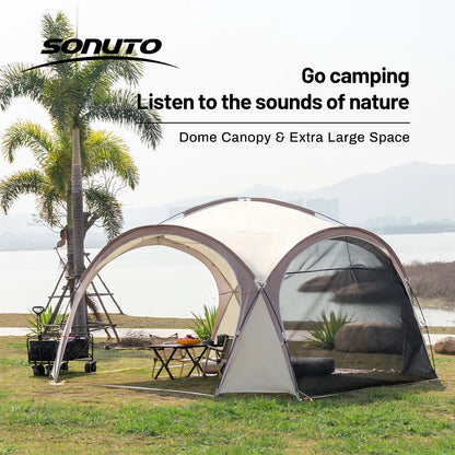 Tente dôme extra large Sonuto, gazebo de camping pop-up avec moustiquaire, protection solaire imperméable, pavillon pour fête en plein air