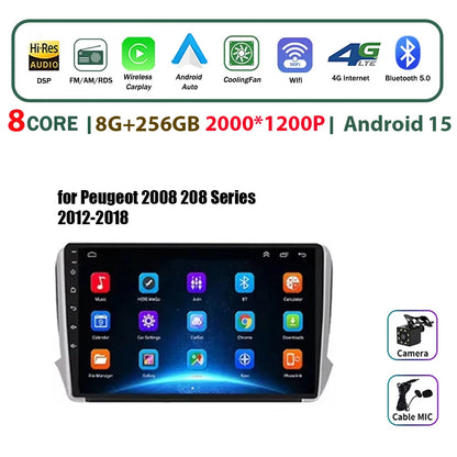 Autoradio multimédia Android 16 pour Peugeot 2008 208 Série 2012-2018 Lecteur Navigation GPS CarPlay sans fil Radio DVD Unité principale