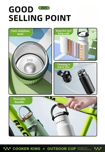 COOKER KING 650ML produit extérieur isolation 316 acier inoxydable + PP grande capacité sport tasse isolée bouteille d'eau avec paille