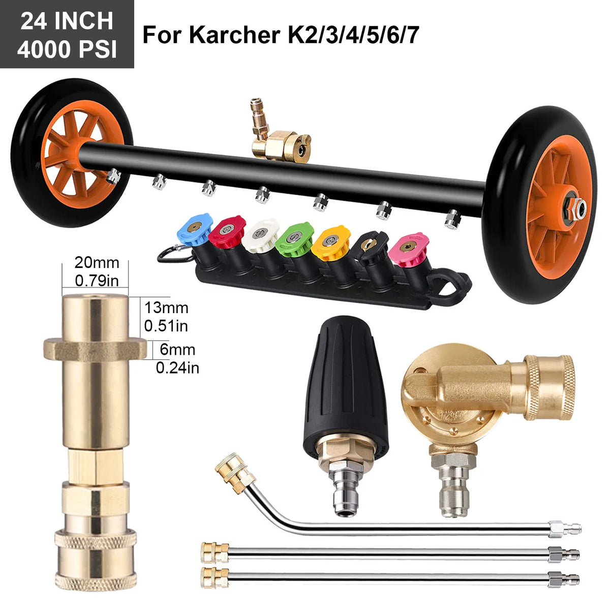Nettoyeur de surface sous châssis de 24 pouces pour nettoyeur haute pression, balai à eau pour lavage de châssis de voiture, connecteur rapide 1/4 pouce, compatible Karcher Sun Joe