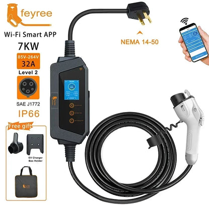 Fey123-Chargeur EV Portable pour Véhicule Électrique, Prise J1772 avec Câble de 5m, Version de Contrôle Intelligente, Wifi, 7KW, 32A, 1Phase
