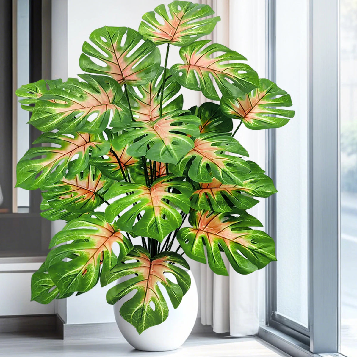 ورقة Monstera اصطناعية بلاستيكية، نبات مزيف للزينة بوعاء، مناسبة لديكور المنزل، 60-100 سم