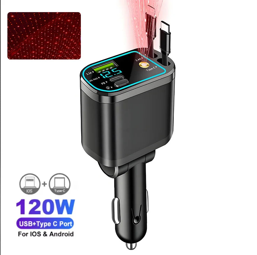 Chargeur de voiture rétractable 120W 4/5 en 1, câble USB C pour IPhone Huawei Samsung, cordon de Charge rapide, adaptateur allume-cigare PD QC3.0