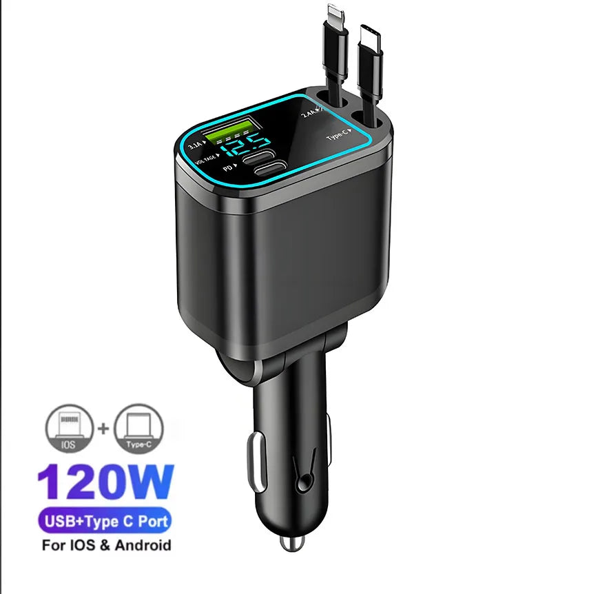 Chargeur de voiture rétractable 120W 4/5 en 1, câble USB C pour IPhone Huawei Samsung, cordon de Charge rapide, adaptateur allume-cigare PD QC3.0
