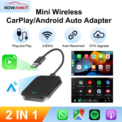 2 en 1 sans fil CarPlay Android Auto Dongle Plug & Play Smart Mini AI Box voiture pour adaptateur Bluetooth KowanKit 2026