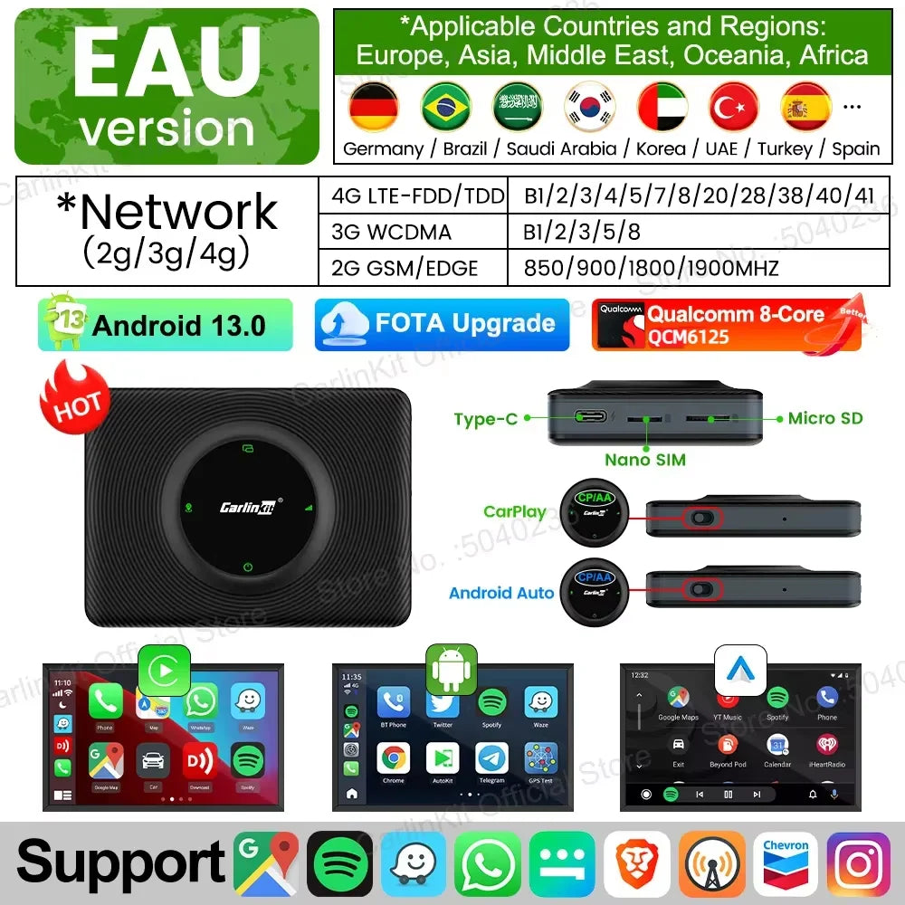 صندوق تلفزيون CarlinKit-Android 13 اللاسلكي للسيارة بنظام CarPlay AI، بمعالج QCM6125، ثماني النواة، شاشة مقسمة، 64 جيجابايت، 128 جيجابايت لـ Netflix، مع وعد بتشغيل PRPRU