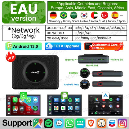 صندوق تلفزيون CarlinKit-Android 13 اللاسلكي للسيارة بنظام CarPlay AI، بمعالج QCM6125، ثماني النواة، شاشة مقسمة، 64 جيجابايت، 128 جيجابايت لـ Netflix، مع وعد بتشغيل PRPRU