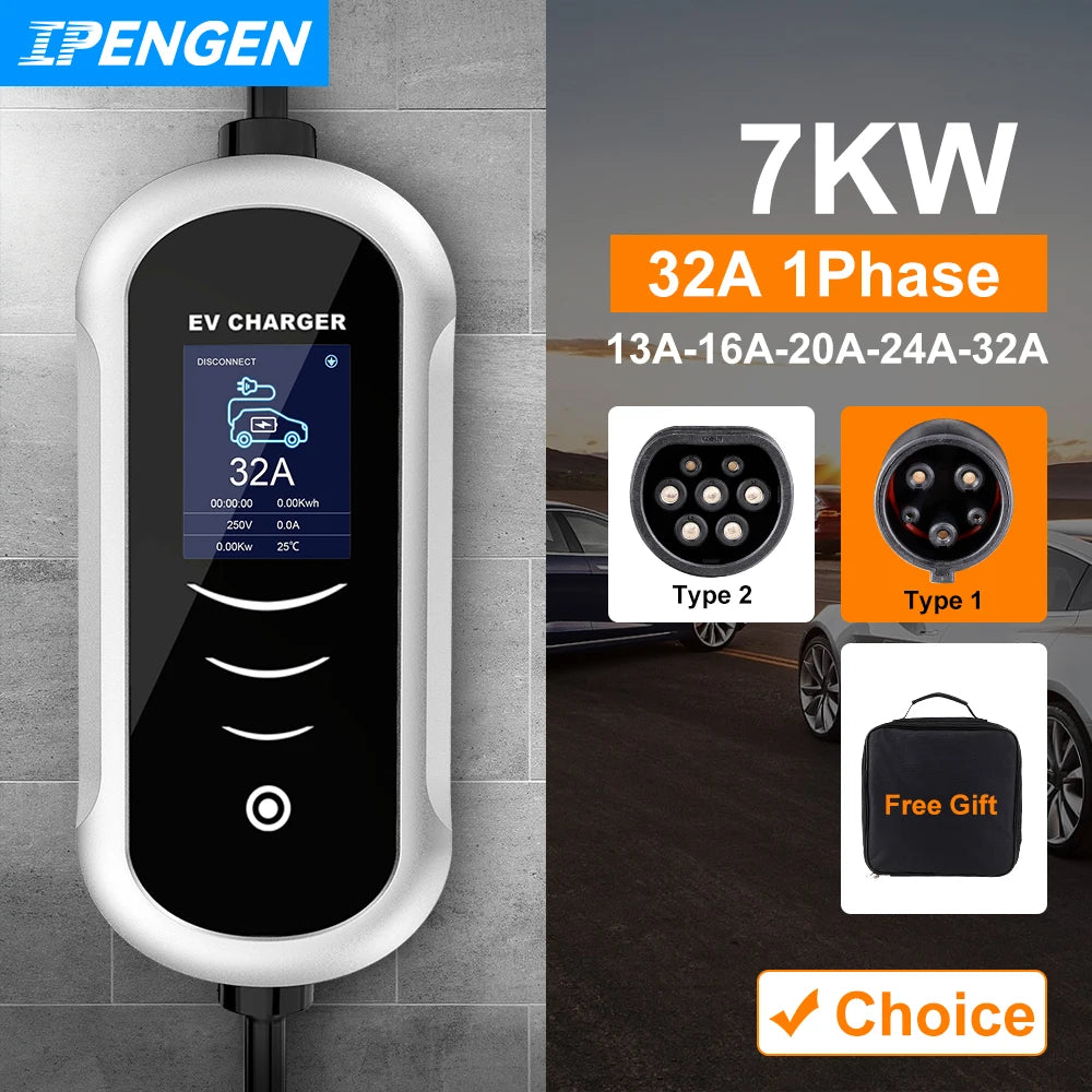 IPENGEN Portable EV chargeur Wallbox Type2 câble 32A 7KW prise CEE EVSE Type1 boîte de charge j1772 adaptateur pour voiture de véhicule électrique