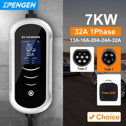 IPENGEN Portable EV chargeur Wallbox Type2 câble 32A 7KW prise CEE EVSE Type1 boîte de charge j1772 adaptateur pour voiture de véhicule électrique