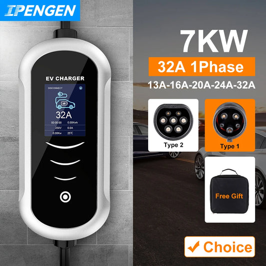 IPENGEN Portable EV chargeur Wallbox Type2 câble 32A 7KW prise CEE EVSE Type1 boîte de charge j1772 adaptateur pour voiture de véhicule électrique