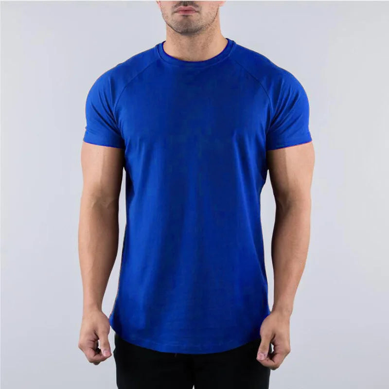 T-shirt de gymnastique en coton pour hommes, vêtements de Fitness d'été, col rond, manches courtes, coupe cintrée, musculation, entraînement
