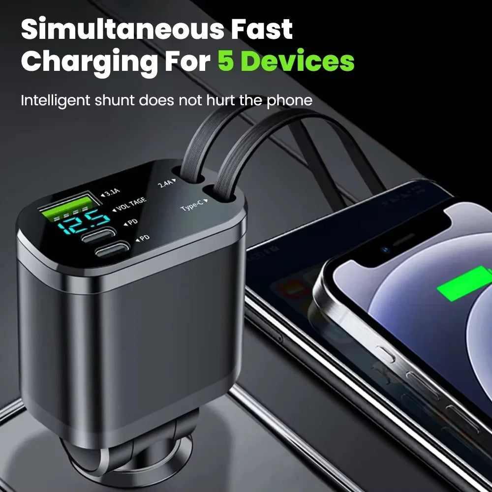 Chargeur de voiture rétractable 120W 4/5 en 1, câble USB C pour IPhone Huawei Samsung, cordon de Charge rapide, adaptateur allume-cigare PD QC3.0