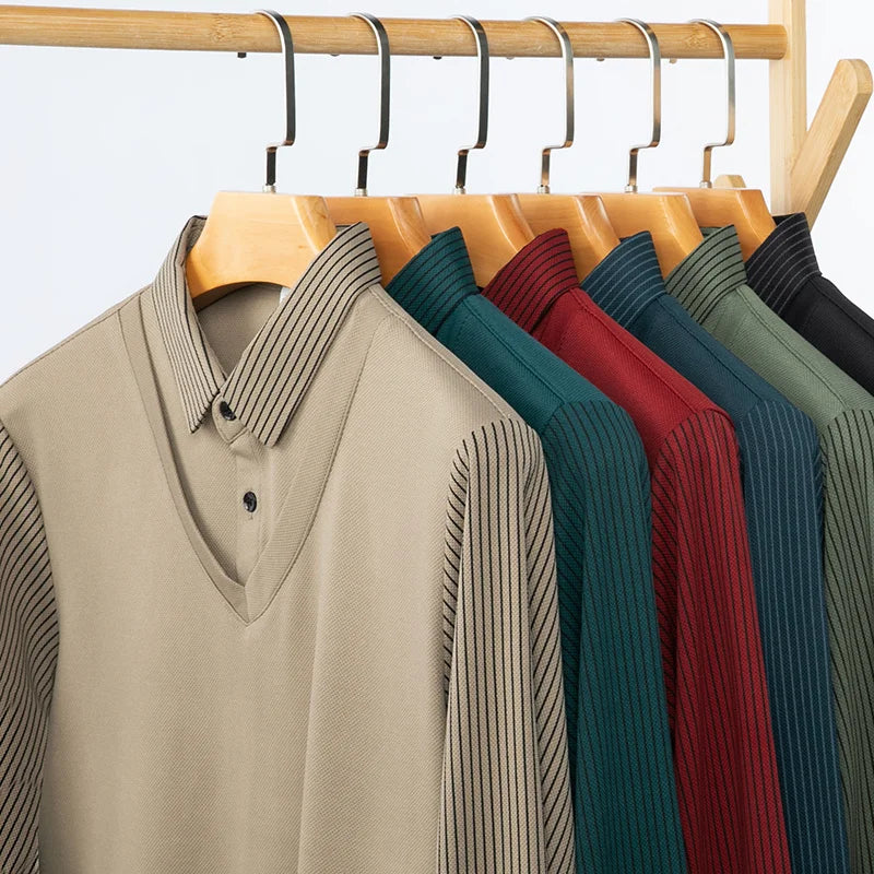 Polo à manches longues pour hommes, décontracté et à la mode, couleur unie, faux deux pièces, Business, toutes saisons, haut polyvalent, nouvelle collection 2025