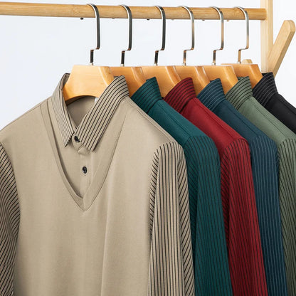 Polo à manches longues pour hommes, décontracté et à la mode, couleur unie, faux deux pièces, Business, toutes saisons, haut polyvalent, nouvelle collection 2025