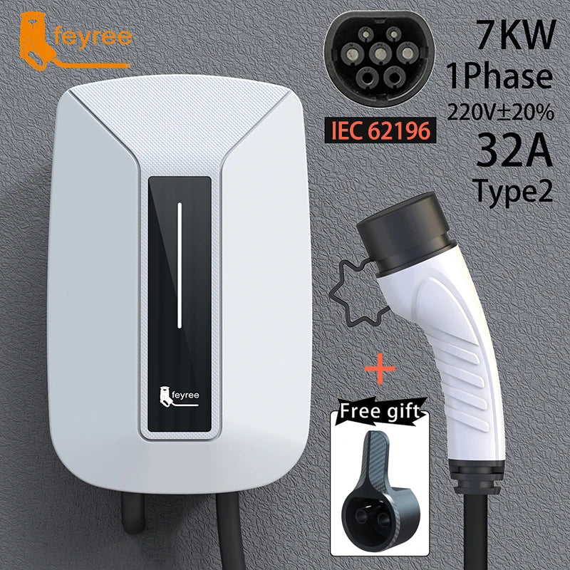Feyree EVSE Wallbox 32A 7KW شاحن سيارة كهربائية نوع 2 مقبس IEC62196-2 أحادي الطور كابل بطول 5 متر محطة شحن جدارية للسيارات الكهربائية