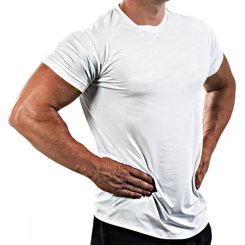 T-shirt slim respirant à séchage rapide pour homme, style Europe et États-Unis, haut de fitness, vêtements de sport, document solide, été, nouveau, 2024