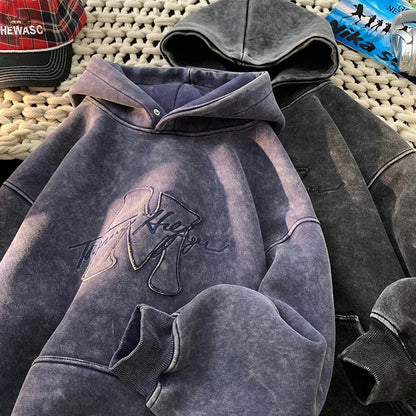 Sweat à capuche rétro lavé 2025 nouveau automne hiver Style de rue hommes à capuche lettres broderie haut à capuche ample surdimensionné sweats à capuche