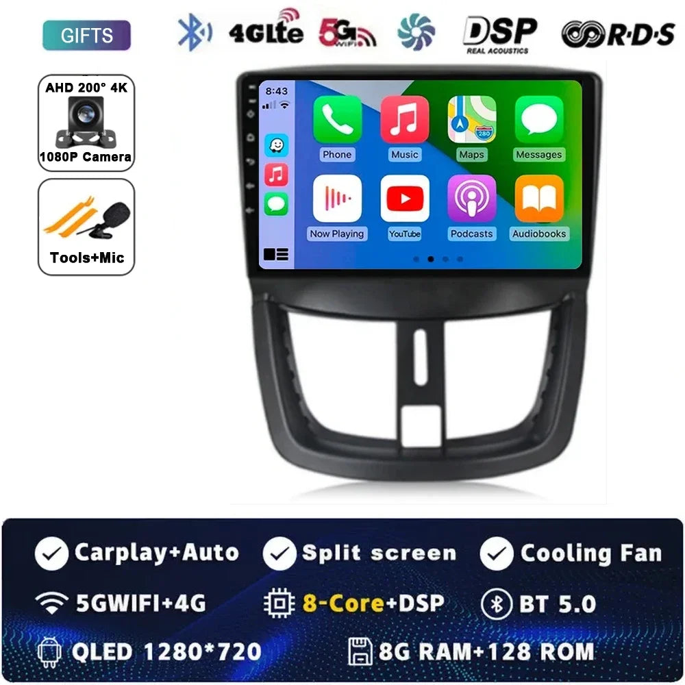 Autoradio Android 15 pour Peugeot 207 CC 207CC 2006 - 2015 sans fil Carplay Android Auto stéréo lecteur multimédia WiFi 4G 2 Din