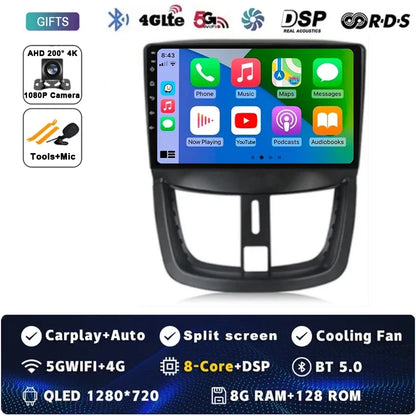 Autoradio Android 15 pour Peugeot 207 CC 207CC 2006 - 2015 sans fil Carplay Android Auto stéréo lecteur multimédia WiFi 4G 2 Din