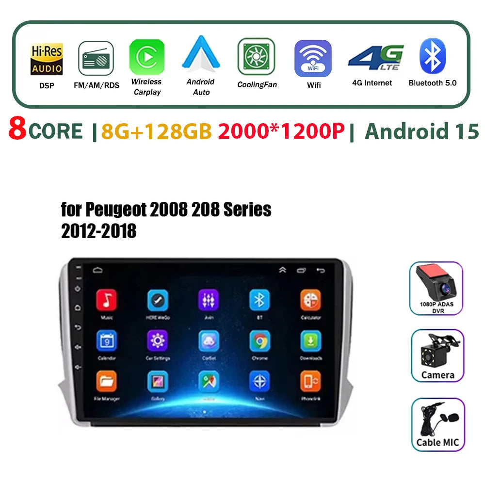 Autoradio multimédia Android 16 pour Peugeot 2008 208 Série 2012-2018 Lecteur Navigation GPS CarPlay sans fil Radio DVD Unité principale