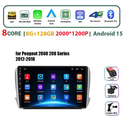 Autoradio multimédia Android 16 pour Peugeot 2008 208 Série 2012-2018 Lecteur Navigation GPS CarPlay sans fil Radio DVD Unité principale