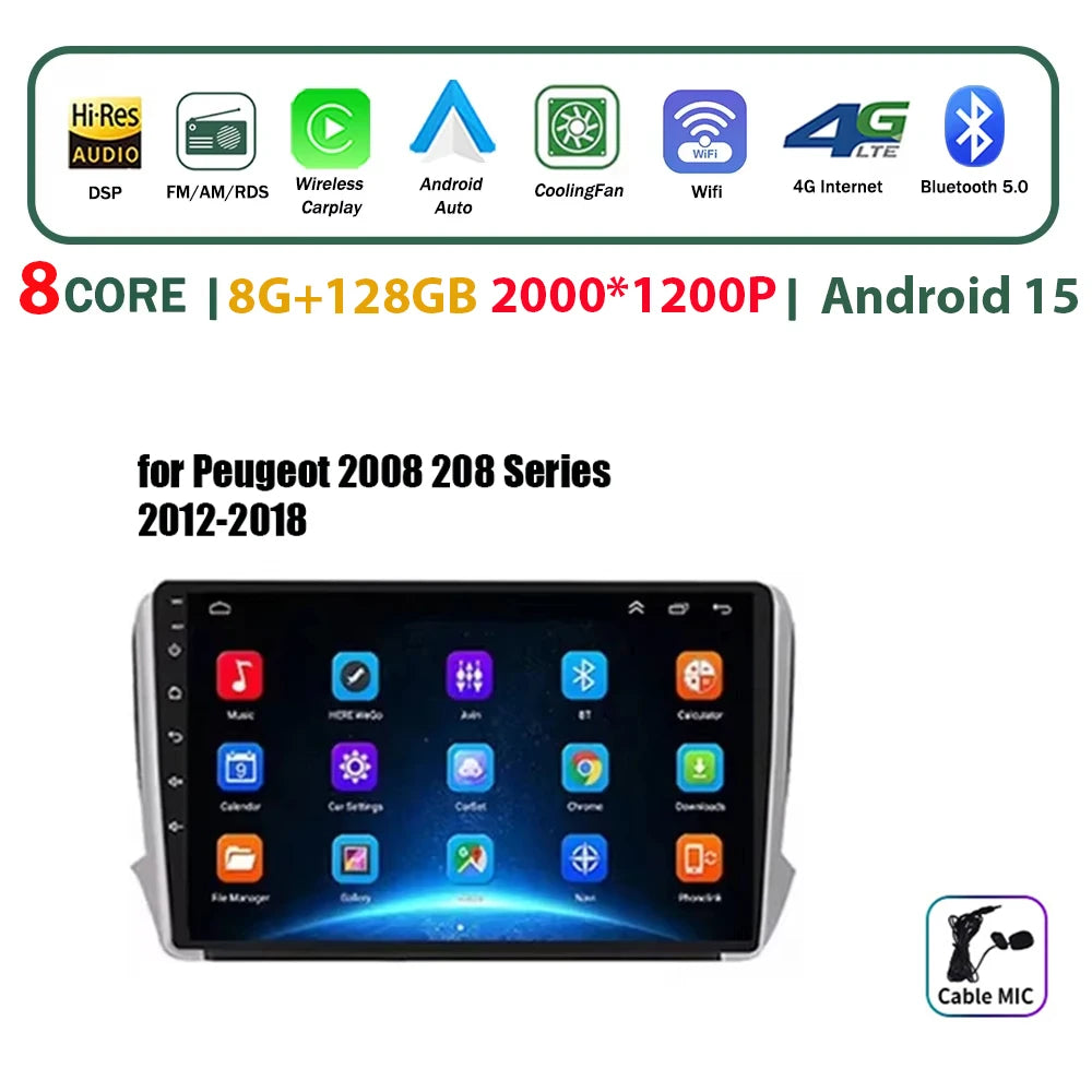 Autoradio multimédia Android 16 pour Peugeot 2008 208 Série 2012-2018 Lecteur Navigation GPS CarPlay sans fil Radio DVD Unité principale